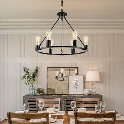 Black Chandelier, 6-Light Dining Room Light Fixture, Round Farmhouse Wagon Wheel Chandeliers for Dining Room Living Room Entryway Kitchen Island Dia 24"