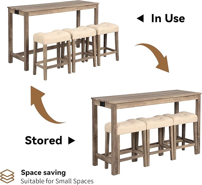 HMFULE 59'' Dining Bar Table and Chairs Set with Power Outlet, 4-Piece Industrial Breakfast Table Set with 3 Padded Stools, Wood Console Table Set for Kitchen Living Room Dining Room, Brown