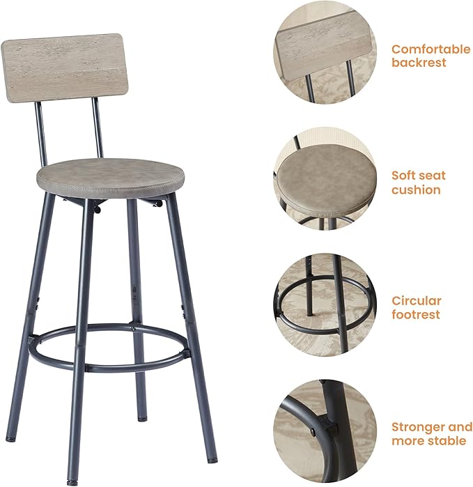 KEIKI Long Bar Table Set with 3 PU Upholstered Bar Stools, Industrial Counter Height Dining Table and Chair Sets for Kitchen, Living Room, Small Space, Grey