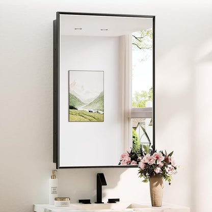 TokeShimi 24x36 Recessed Medicine Cabinet with Mirror Wall Mounted, Aluminum Alloy Black Mirrored Medicine Cabinet, Metal Beveled Mirror with Storage for Bathroom Vanity