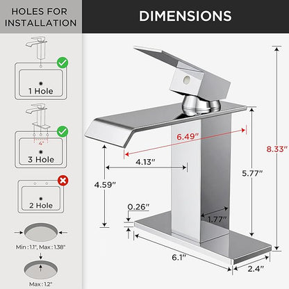 FORIOUS Bathroom Sink Faucets Chrome, Modern Waterfall Vanity Faucet 1 or 3 Hole Single Handle with Deck Plate and Drain, Suitable for Vanity Rv Camper Commerical