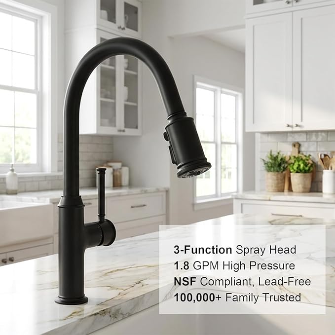 Lava Odoro Curtura Matte Black Kitchen Faucet with Pull-Down Sprayer, Single Handle Kitchen Sink Faucet Black Faucet for Kitchen Sink 1 Hole, Deck Plate Included, 1.8 GPM, KF421-MB
