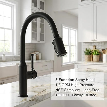 Lava Odoro Curtura Matte Black Kitchen Faucet with Pull-Down Sprayer, Single Handle Kitchen Sink Faucet Black Faucet for Kitchen Sink 1 Hole, Deck Plate Included, 1.8 GPM, KF421-MB