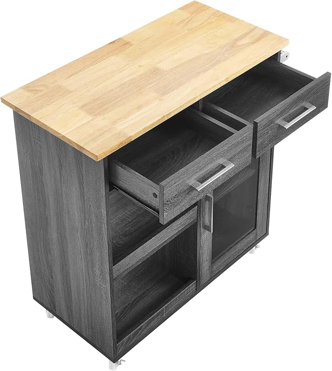 Modway Culinary Rolling Kitchen Cart with Storage in Charcoal Natural - 3 Tiers Kitchen Island on Wheels with Towel Bar, Functional as a Coffee Station, Bar Cabinet or Butcher Block Island