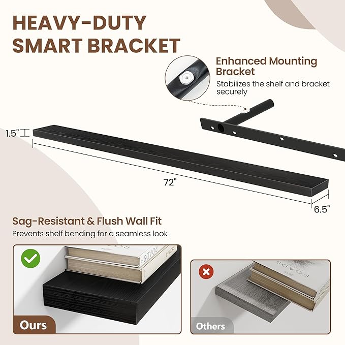Acovy 72 Inch Floating Shelves for Wall 2 Pack, 72" Wall Shelves for Books, Storage, Decor, Wall Mounted Floating Shelf with Invisible Brackets for Kitchen, Living Room, Black