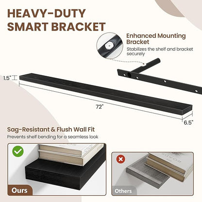 Acovy 72 Inch Floating Shelves for Wall 2 Pack, 72" Wall Shelves for Books, Storage, Decor, Wall Mounted Floating Shelf with Invisible Brackets for Kitchen, Living Room, Black