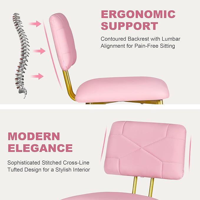 VECELO Dining Chairs Set of 4, Modern Upholstered Kitchen Chairs with Faux Leather Cushion Seat & Metal Legs for Kitchen, Living Room, Tufted Backrest Design, Pink