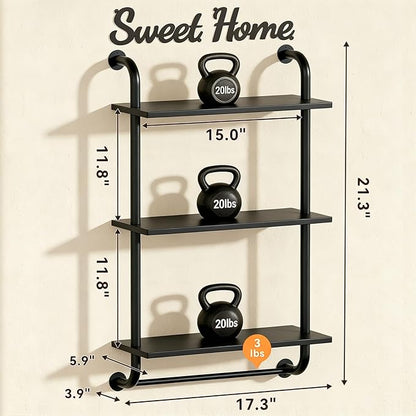 Tinpin Bathroom Shelves Wall Mounted, Rustic Farmhouse Pipe Shelves, Walls Shelf 3-Tier, Industrial Pipe Shelving, Floating Shelf Wall Decor for Bathroom, Kitchen, Bedroom, Living Room 17.3in Black