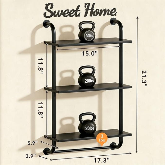 Tinpin Bathroom Shelves Wall Mounted, Rustic Farmhouse Pipe Shelves, Walls Shelf 3-Tier, Industrial Pipe Shelving, Floating Shelf Wall Decor for Bathroom, Kitchen, Bedroom, Living Room 17.3in Black