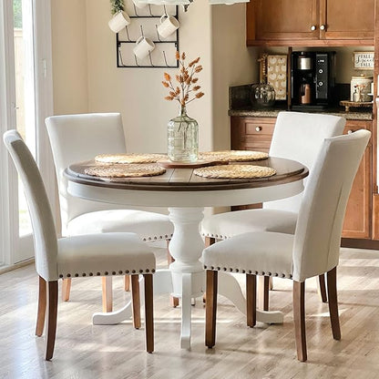COLAMY Upholstered Parsons Dining Chairs Set of 4, Fabric Dining Room Kitchen Side Chair with Nailhead Trim and Wood Legs - Beige,No Table