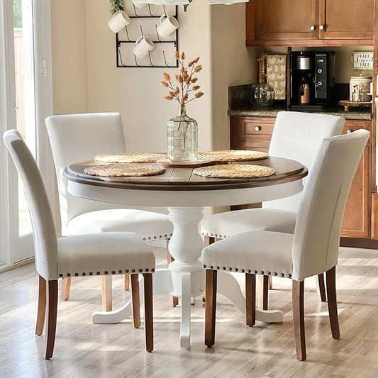 COLAMY Upholstered Parsons Dining Chairs Set of 4, Fabric Dining Room Kitchen Side Chair with Nailhead Trim and Wood Legs - Beige,No Table