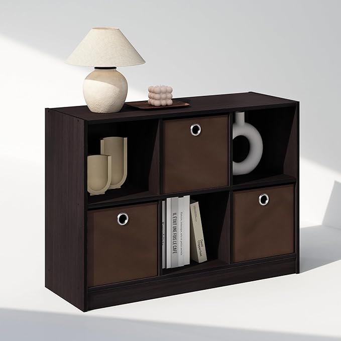 Furinno Cubic Closet Organizers and Storage, 6-Cube Closet Organizer with Bins, Open Shelf Storage, for Wardrobe, Bedroom, Living Room, Dark Walnut