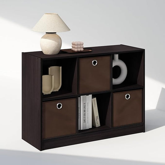 Furinno Cubic Closet Organizers and Storage, 6-Cube Closet Organizer with Bins, Open Shelf Storage, for Wardrobe, Bedroom, Living Room, Dark Walnut