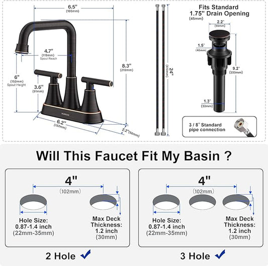 Bathroom Sink Faucet, Hurran Oil Rubbed Bronze Bathroom Faucets for Sink 3 Hole with Pop-up Drain and Supply Hoses, 360 Swivel Spout 2-Handle Centerset Faucet for Vanity RV Farmhouse