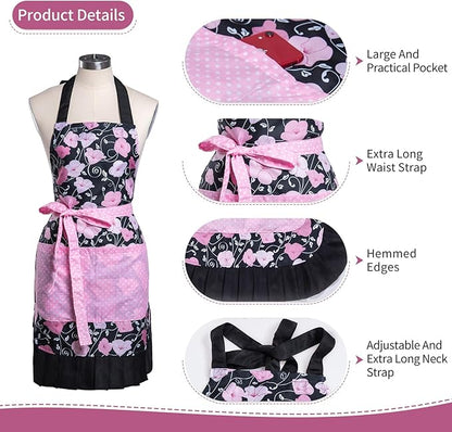 Lovely Flower Pattern Retro Aprons With Large Pockets for Women Girls Cooking Kitchen Bakery Mother's Gift