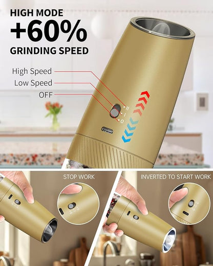 CIRCLE JOY 2-Speed Gravity Electric Pepper Grinder, Rechargeable Salt Grinder Pepper Mills, Adjustable Coarseness, White LED Light, 135ML Large Capacity, Gold