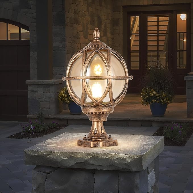 Outdoor Post Light Fixture, E26 Base 60W Max Column Lights with Bronze Aluminum Housing Plus Amber Glass IP55 Waterproof Exterior Pillar Lantern for Driveway Yard Lawn Patio Garden