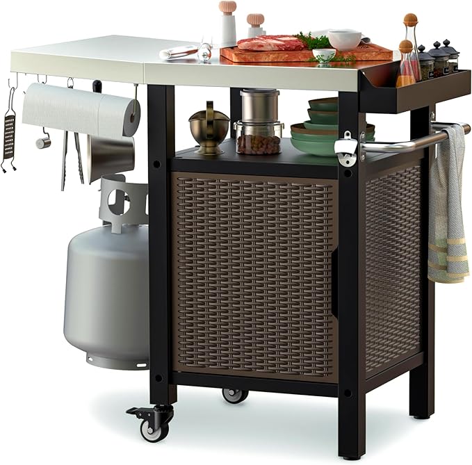 onlyfire 35 Inch Rolling Kitchen Island with XL Stainless Steel Top & Rattan Cabinet, Heavy-Duty BBQ Serving Cart for Indoor/Outdoor, Single Door Storage Worktable with Side Shelf & Wheels