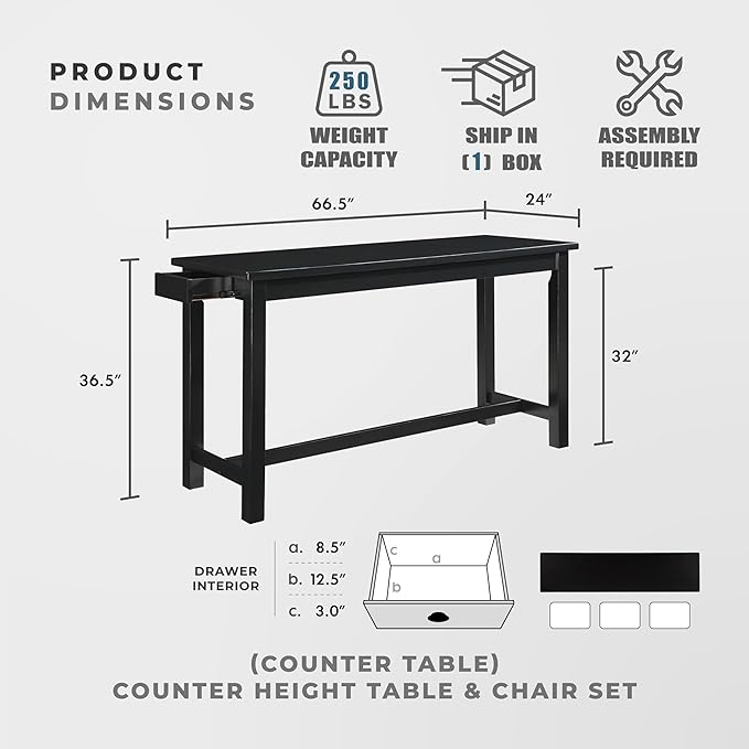 Lexicon Oreille Bar Table with Stools Set, Modern Console Table with Stools - 4-Piece Set with 2 USB Ports & A/C Power Outlets, Counter Height, Discrete Drawer, Perfect Dining Room & Kitchen Black