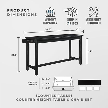 Lexicon Oreille Bar Table with Stools Set, Modern Console Table with Stools - 4-Piece Set with 2 USB Ports & A/C Power Outlets, Counter Height, Discrete Drawer, Perfect Dining Room & Kitchen Black
