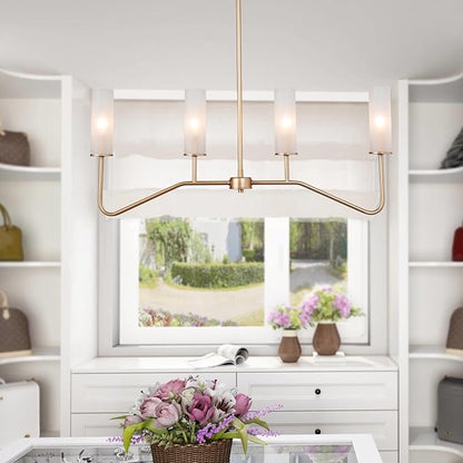 LOG BARN Pendant Lighting for Kitchen Island, 4-Light Modern Gold Linear Dining Room Chandelier Light Fixture Over Table, 32'' Kitchen Island Lighting with Frosted Glass Shade