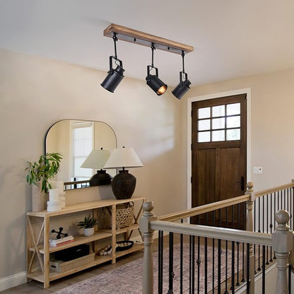 Lingkai Track Lighting Fixture, Farmhouse 3-Light Black Wood Kitchen Spotlight Industrial Adjustable Heads Ceiling Light for Kitchen Living Room Dining Room