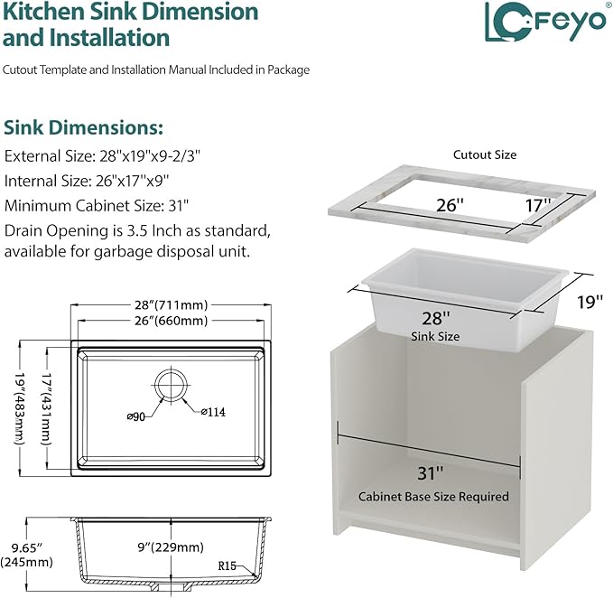 28x19 Inch Undermount Kitchen Sink, White Granite Composite Quartz, Single Bowl Deep Workstation Basin for Soaking Washing Drying Stacking Dishes