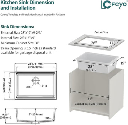 28x19 Inch Undermount Kitchen Sink, White Granite Composite Quartz, Single Bowl Deep Workstation Basin for Soaking Washing Drying Stacking Dishes