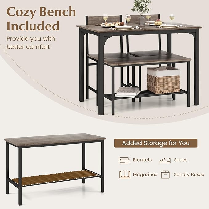 LDAILY Dining Table Set for 4, 4-Piece Wooden Kitchen Table and Chairs with Bench, Storage Rack & Metal Frame, Industrial Dining Room Table Set of 4 for Small Space, Apartment, Kitchen (Gray)