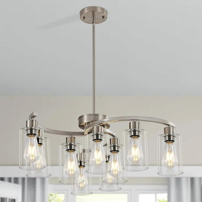 Sigaitwei 9-Light Brushed Nickel Kitchen Light Fixtures ，29.5" Large Chandeliers for Dining Room， Modern Dining Table Light Fixture，Metal Bracket Pendant Lighting with Downward Clear Glass Shade