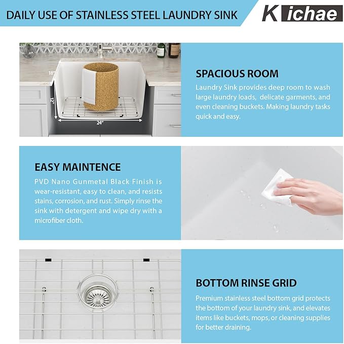 Kichae 24 Laundry Room Sink - 24"x18"x12" White Granite Composite Undermount Laundry Utility Sink White Quartz 12" Deep Under Counter Single Bowl Sink Basin