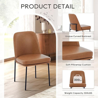 COLAMY Dining Chairs Set of 4, Modern Dining Chair, Leather Upholstered Dining Chairs, Kitchen Chairs with Curved Back and Metal Legs for Dining Room Kitchen Restaurant, Brown