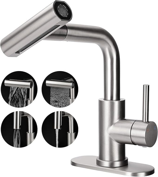 Bathroom Sink Faucet with 4 Mode Pull Down Sprayer, Brushed Nickel Single Handle Pull Out Faucet with Pop-Up Drain, 1 or 3 Hole Laundry Bar Basin Faucet with Deck Plate