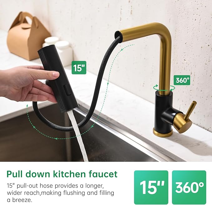 CENOSA Touchless Kitchen Faucet Motion Sensor Hands Free Single Handle Kitchen Sink Faucet with Pull Down Sprayer Black and Gold