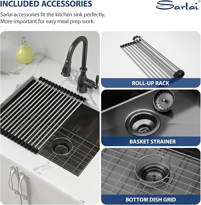 Sarlai 12“ Deep Laundry Sink Undermount - 24 Inch Black Undermount Kitchen Sink Utility Laundry Sinks Stainless Steel Single Bowl Under Counter Handmade Laundry Utility Room Basin