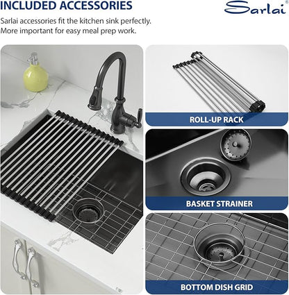 Sarlai 12“ Deep Laundry Sink Undermount - 24 Inch Black Undermount Kitchen Sink Utility Laundry Sinks Stainless Steel Single Bowl Under Counter Handmade Laundry Utility Room Basin