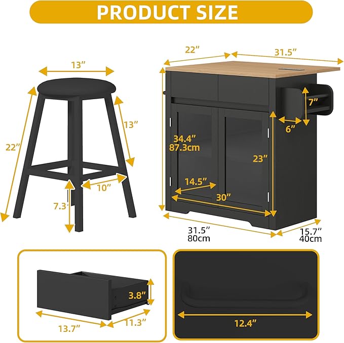 DWVO Kitchen Island with Drop Leaf, Mobile Kitchen Storage Islands with Power Outlet & LED Lights, 37.5" Rolling Dinning Table with Seating, 2 Soft Cushion Bar Stools, Towel & Spice Rack, Qak Black