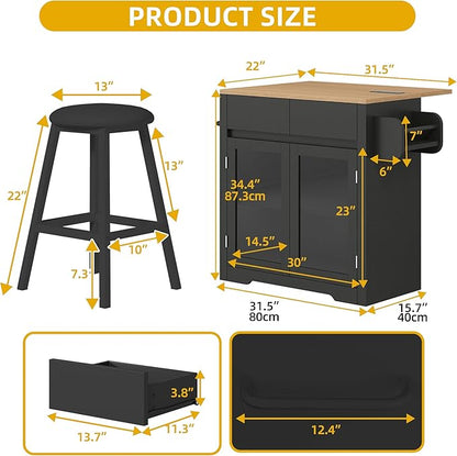 DWVO Kitchen Island with Drop Leaf, Mobile Kitchen Storage Islands with Power Outlet & LED Lights, 37.5" Rolling Dinning Table with Seating, 2 Soft Cushion Bar Stools, Towel & Spice Rack, Qak Black