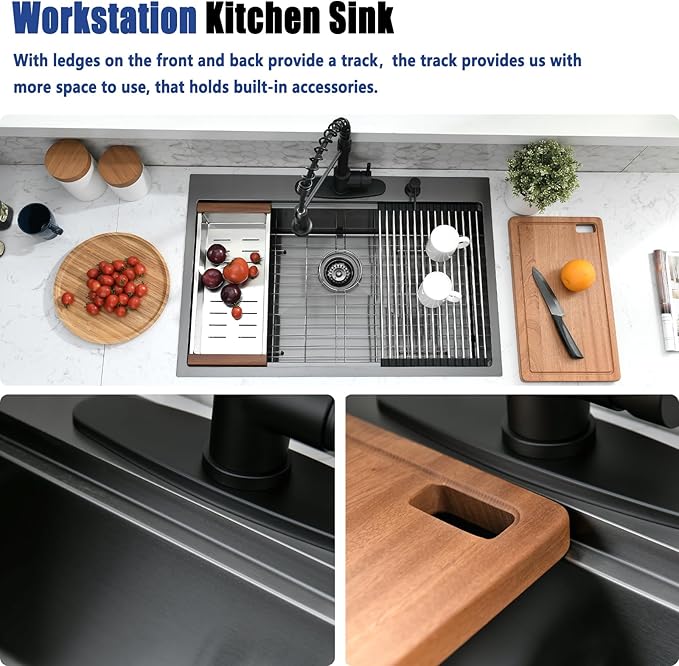 30x19 Black Drop In Kitchen Sink with Faucet Combo - 30 Inch Single Bowl Drop In Sinks 10 Inch Deep, Black Stainless Steel Topmount Workstation Kitchen Sink with Accessories
