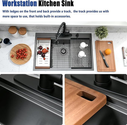 30x19 Black Drop In Kitchen Sink with Faucet Combo - 30 Inch Single Bowl Drop In Sinks 10 Inch Deep, Black Stainless Steel Topmount Workstation Kitchen Sink with Accessories
