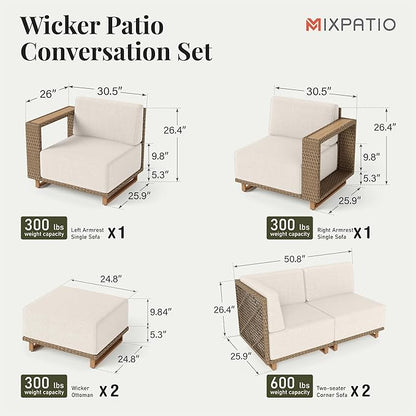 MIXPATIO Patio Sectional Furniture Set, 6 Piece Outdoor Wicker Sofa Patio Couch Set, Yellow Rattan Modular Outdoor Conversation Sets with 10" Thick Cushions, Low Profile Deck Lawn Garden Furniture