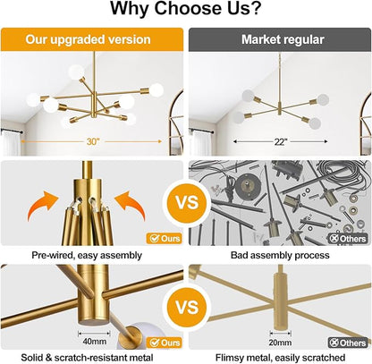 30" Modern Chandelier Ceiling Light Fixture, 8-Light Sputnik Chandeliers Brushed Gold Mid Century Chandelier Over Table, Height Adjustable Chandeliers for Dining Room Kitchen (Bulbs Not Included)