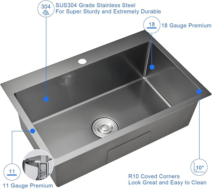 MENATT 28-inch Drop in Kitchen Sink, SUS304 Stainless Steel Single Faucet Hole Single Bowl Topmount Kitchen Sinks (Black), D28" x W18" x H9"