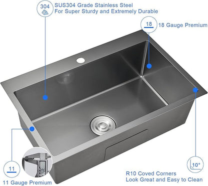 MENATT 28-inch Drop in Kitchen Sink, SUS304 Stainless Steel Single Faucet Hole Single Bowl Topmount Kitchen Sinks (Black), D28" x W18" x H9"