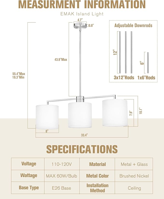 Emak 3-Light Dining Room Light Fixture, Brushed Nickel Kitchen Island Lighting with Linen Drum Shade, Modern Linear Chandeliers for Dining Room, Kitchen, Bar, IL128-BN-WF-3