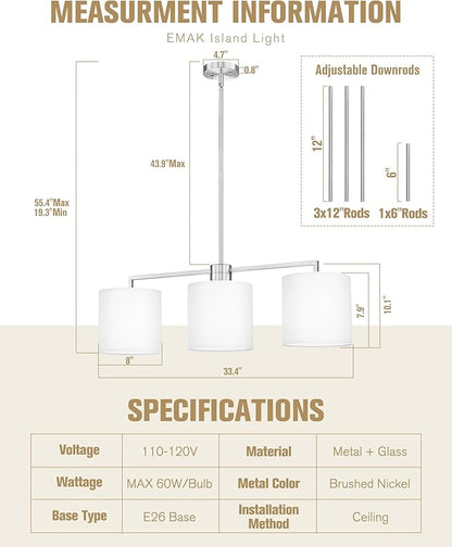 Emak 3-Light Dining Room Light Fixture, Brushed Nickel Kitchen Island Lighting with Linen Drum Shade, Modern Linear Chandeliers for Dining Room, Kitchen, Bar, IL128-BN-WF-3