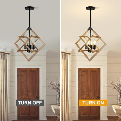 18" Modern Pendant Lights Kitchen Island, 4-Light Black + Wood Grain Farmhouse Pendant Light Fixtures, Industrial Hanging Pendant Lights Fixture for Kitchen Island Dining Room Hallway Foyer Entryway