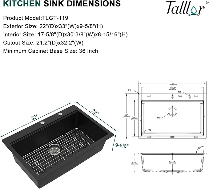 33 Inch Granite Composite Kitchen Sink - 33"x22" Black Drop In Kitchen Sink Ledge Workstation All-In One Matte Black Classic Quartz Topmount Single Bowl Sinks with New-Accessories #TLGT-119