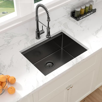 Sarlai 25 Inch Black Kitchen Sink Undermount - 25"x19" Undermount Sink Ledge Workstation Stainless Steel Gunmetal Black 16 Gauge Deep Single Bowl Under Counter Kitchen Sinks with Accessories
