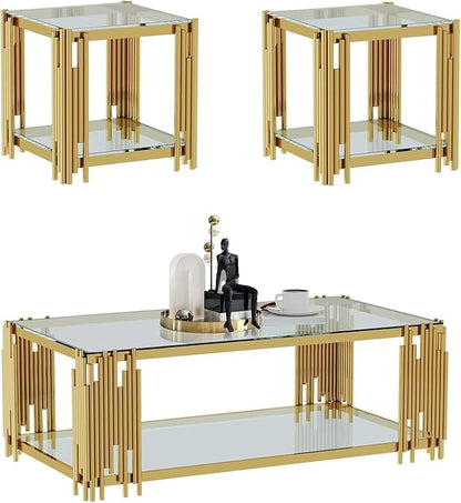 Henf Modern Glass Coffee Table Set with Storage Shlef 3 Piece Gold Living Room Tables Set Including Coffee End Tables Set,Stainless Steel Frame, Tempered Glass Top for Living Room Home Office